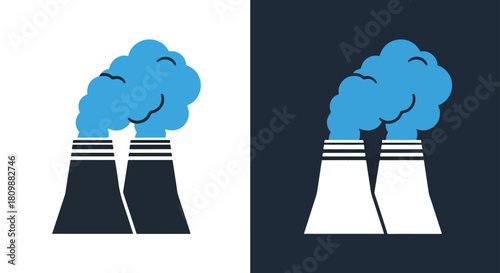 Two cooling towers emitting blue smoke - Vector icon symbol for website - Icon vector - Blue icon vector - Line and glyph solid icon and logo template