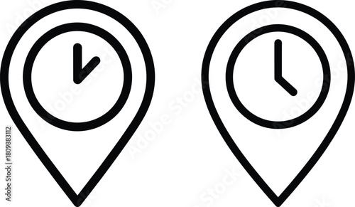 Two stylized map pins with clocks inside representing time and location concepts