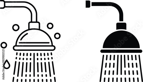 Two shower head icons one with water drops and bubbles and one solid black silhouette