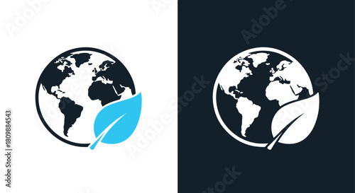 Earth with leaf icon on dark background - Vector icon symbol for website - Icon vector - Blue icon vector - Line and glyph solid icon and logo template
