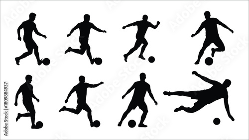Soccer Player Silhouette Vector Set – Dynamic Football Poses with Ball on White Background