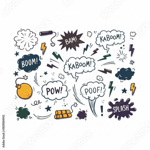 Comic Book Sound Effect Elements, Hand-Drawn Action Words & Explosions for Graphic Design, Games, and Kids’ Content