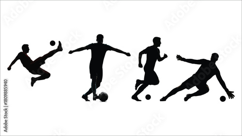 Soccer Player Silhouette Vector Set – Dynamic Football Poses with Ball on White Background