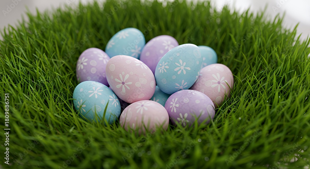 Fototapeta premium Colorful Easter Eggs with Floral Patterns in Green Grass on White Background