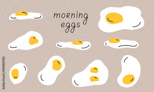 Fried eggs sunny side up. Classic breakfast food from egg. Morning meal, tasty protein nutrition for family. Different fry eggs shapes, vector clipart