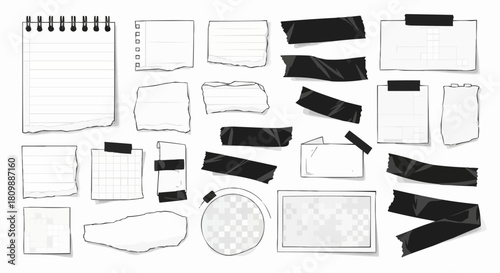 Collection of torn paper scraps and black tape elements.