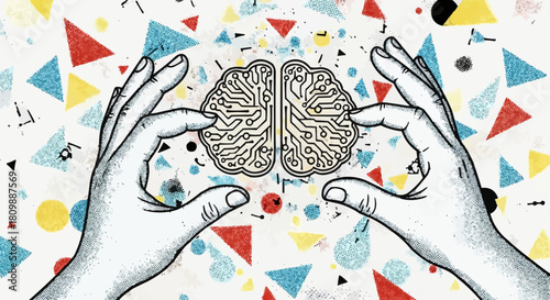 Hands holding brain representing technology and intelligence.
