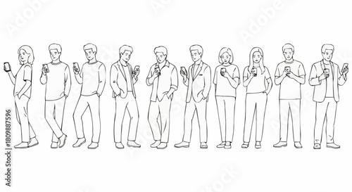 Hand drawn sketch of a diverse group of people using their smartphones.