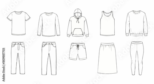 Collection of various outlined clothing items for men and women, including shirts, pants, and skirts.