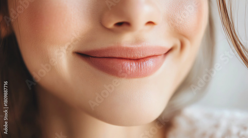 Closeup of a person smiling subtly with closed lips while preparing for a weekend outing, soft natural light