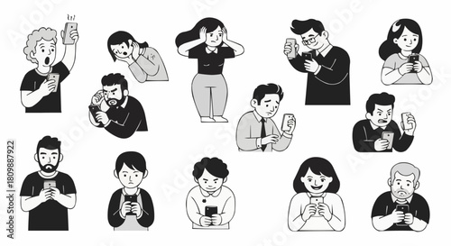A collection of diverse people showing various emotional reactions to their smartphones.