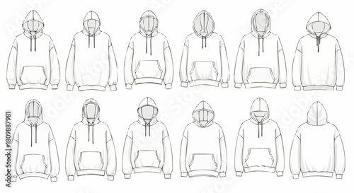 Collection of Hoodie Fashion Design Line Art Illustrations.