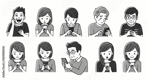 Diverse group of people engrossed in their smartphones showing various emotions and reactions.