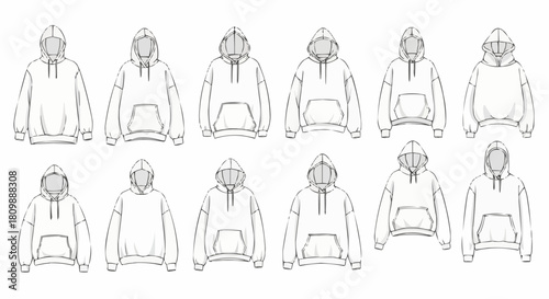 Collection of Hoodie Outline Illustrations for Fashion Design and Apparel Mockups.