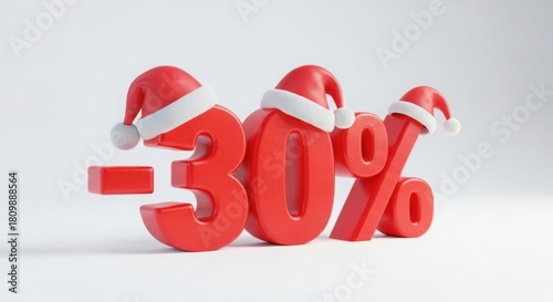 Red 30% discount with santa hats, holiday season promotion on white