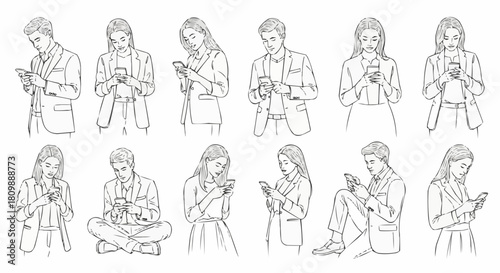 Collection of people engrossed in their smartphones in a sketch art style.