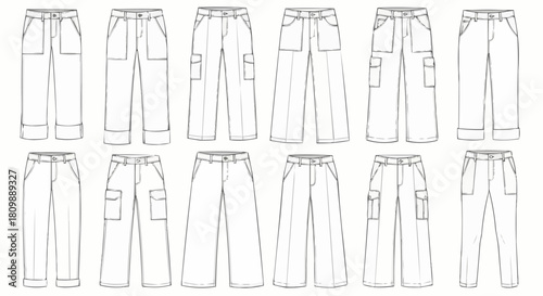 Collection of various cargo pants fashion flat sketches for design inspiration.