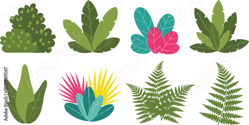 Collection of stylized tropical plants and foliage in various green and colorful hues