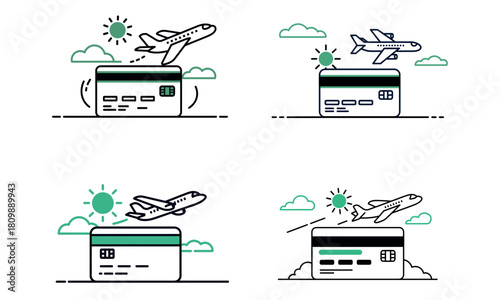 Airplane travel concept with credit card and flight icons in simple illustration
