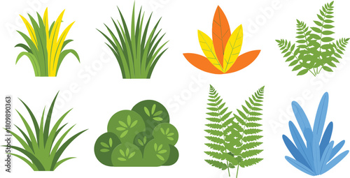 Collection of eight stylized plants and foliage in various colors and shapes