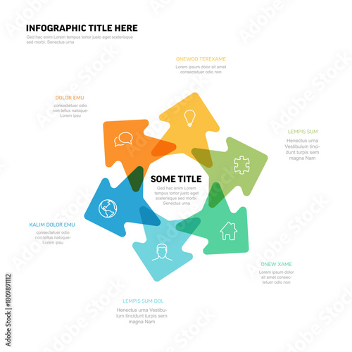 Abstract, colorful infographic template features a central circular puzzle design with arrows on white background. Infographic template is perfect for presenting information clearly and engagingly.