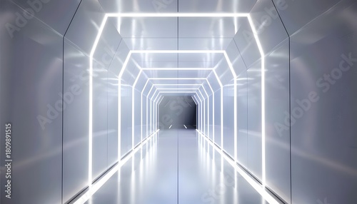 Fototapeta Naklejka Na Ścianę i Meble -  Futuristic illuminated tunnel with glowing white LED lines – sci-fi corridor interior design