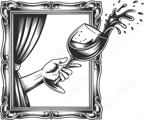 Elegant Hand Holding Wine Glass on a decorative frame. 
