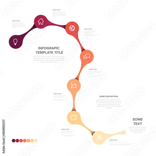 A minimalist infographic template featuring a curvilinear timeline with connected bubbles, each having a distinct icon and text area. Infographic design for presentations and data visualization.