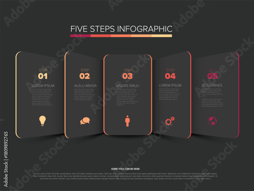 A modern infographic template with five steps, featuring a dynamic, clean design. This five steps infographic is ideal for presenting processes or sequential information clearly.
