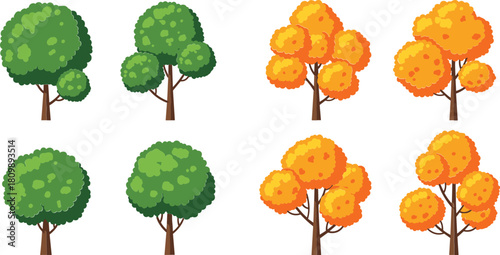Collection of cartoon trees in green and autumn orange colors