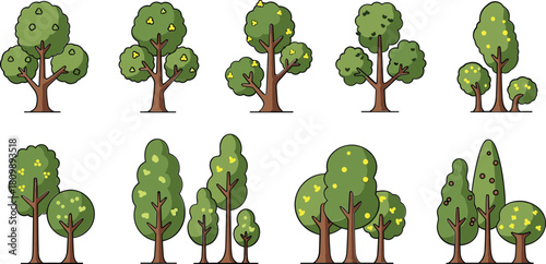 Collection of stylized cartoon trees in various shapes and sizes