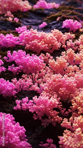 Cinematic time-lapse close-up of dark textured organic surfaces spontaneously blooming with vibrant iridescent masses of pink and gold commercial, nature, blooming