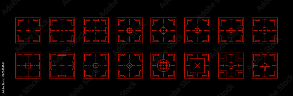 Obraz premium Geometric accuracy target icons. Abstract precise target focus aiming symbols. Creative vector set of target markers radar sweeps digital crosshairs. Isolated vector.