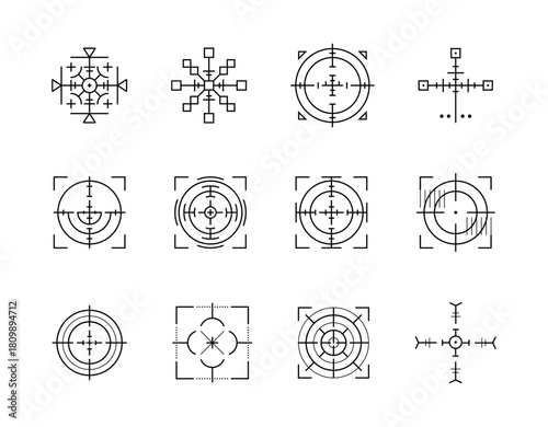 Weapon target navigation set. Crosshair target for gun or rifle. Optic crosshair sniper focus and military weapon aiming symbols. Essential icons for shooting accuracy.