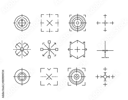 Weapon target navigation set. Crosshair target for gun or rifle. Optic crosshair sniper focus and military weapon aiming symbols. Essential icons for shooting accuracy.