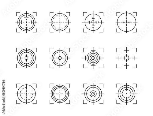 Military sniper crosshair set. Precise target focus sight military reticle icon. Detailed vector symbols for rifle scope army game and accuracy. Isolated vector.