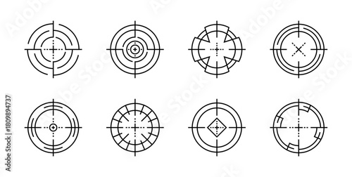 Minimal black outline target icons. Set of clean crosshair aim and focus symbols. Simple vector illustration for drawing aim military sight concepts. Successfully targeted design icon elements.