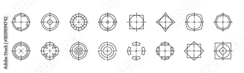 Clean digital circle crosshair icons vector illustration of aiming and targeting symbols. Precise focus reticles and shooting range markers suitable for gaming icon projects.