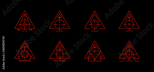 Red HUD gaming crosshair icon set. Futuristic target aiming icon. Minimal scope and focus reticles designed for FPS games virtual reality aiming. Vector illustration