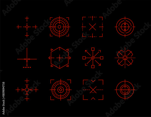 Weapon red target navigation set. Crosshair target for gun or rifle. Optic crosshair sniper focus and military weapon aiming symbols. Essential icons for shooting accuracy.