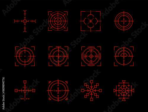 Military red sniper crosshair set. Precise target focus sight military reticle icon. Detailed vector symbols for rifle scope army game and accuracy. Isolated vector.