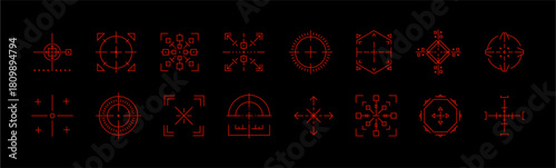 Varied red crosshair shapes set. Collection of distinct target aim and focus icons. Vector reticles for game development security systems and high targeting precision. Icon vector.