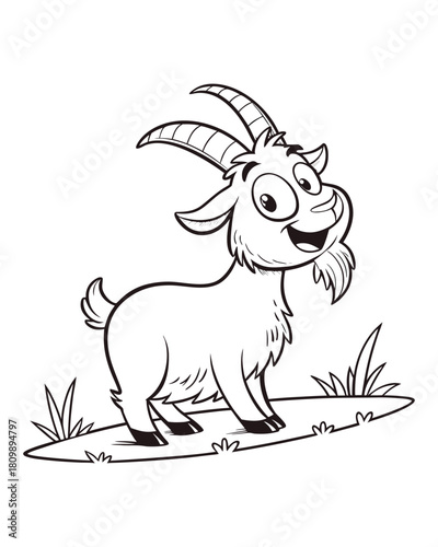 A charming black and white illustration of a happy, cartoonish goat with large, expressive eyes and prominent horns, standing in a grassy field