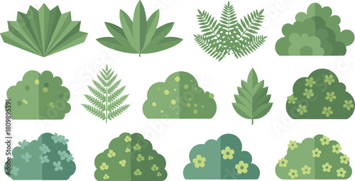 Collection of diverse green plants and bushes in flat design style