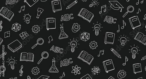 Vector illustration of chalkboard style seamless pattern with handdrawn education and science doodles for school and learning