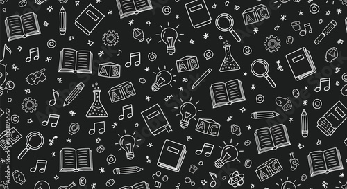 Vector illustration of seamless pattern of handdrawn education and creativity doodles on a dark blackboard background, perfect for school