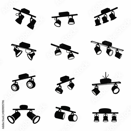 Collection of various track lighting fixtures in different designs and styles.