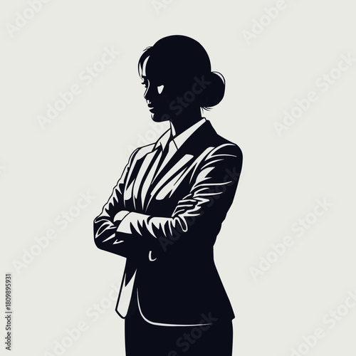 Black and white silhouette of a professional businesswoman with arms crossed.
