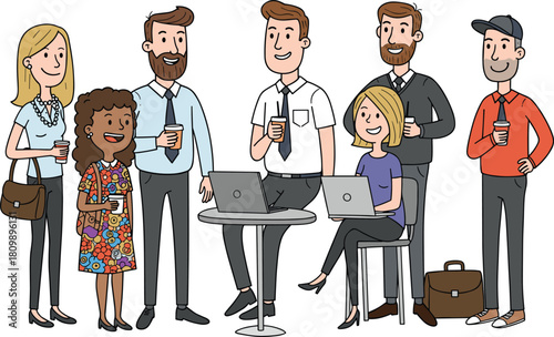 Casual business team gathered around table with laptops and coffee, showcasing collaboration, workplace culture, and informal meeting