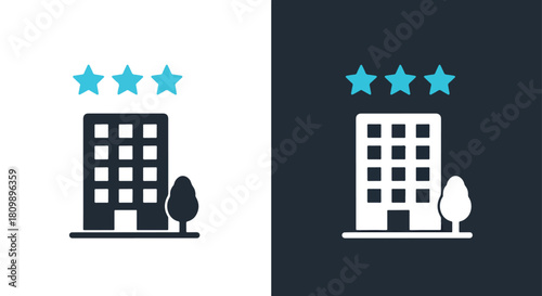 Two buildings with star ratings illustration - Vector icon symbol for website - Icon vector - Blue icon vector - Line and glyph solid icon and logo template